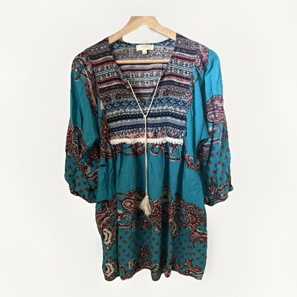 Umgee USA Dress L Boho Floral Paisley Babydoll Shift Teal Peasant Western Tunic